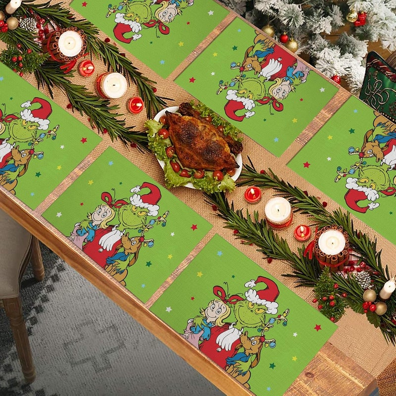 DAZONGE Set of 6 Christmas Table Placemats Green Xmas Placemats for Dining Table Decor Washable Table Mats for Christmas Holiday Home Kitchen Decor - Image 4