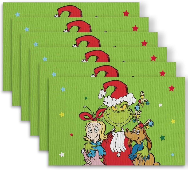 DAZONGE Set of 6 Christmas Table Placemats Green Xmas Placemats for Dining Table Decor Washable Table Mats for Christmas Holiday Home Kitchen Decor - Image 1