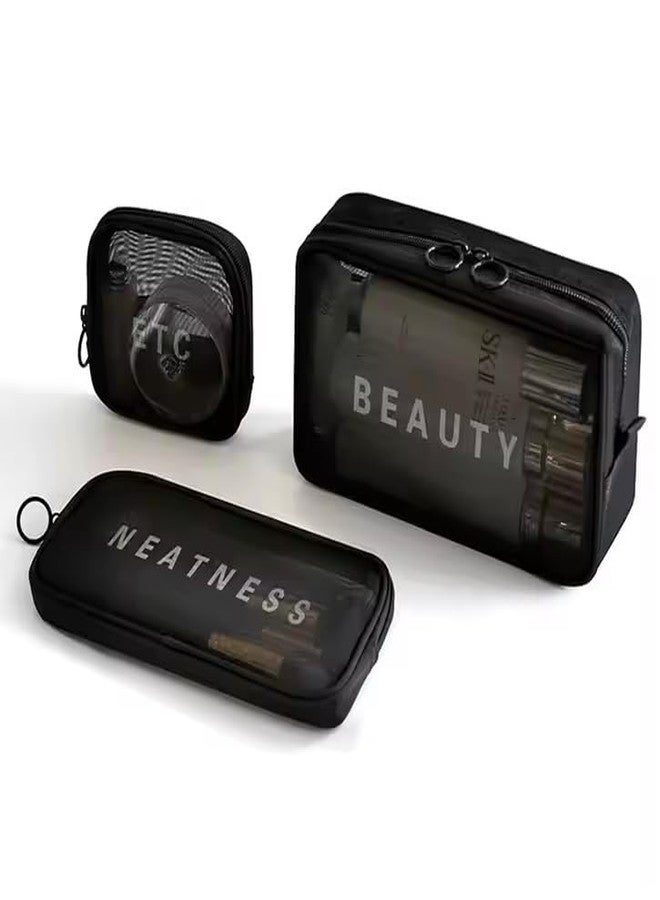 في دي ان اس دي مجموعة حقائب مكياج شبكية من النايلون للسفر من VDNSI، 3 قطع، حقيبة شفافة بسحاب، حقيبة تنظيم مستحضرات التجميل وأدوات النظافة الشخصية للسفر، عبوة من 3 قطع، مقاسات صغيرة ومتوسطة. - Image 1