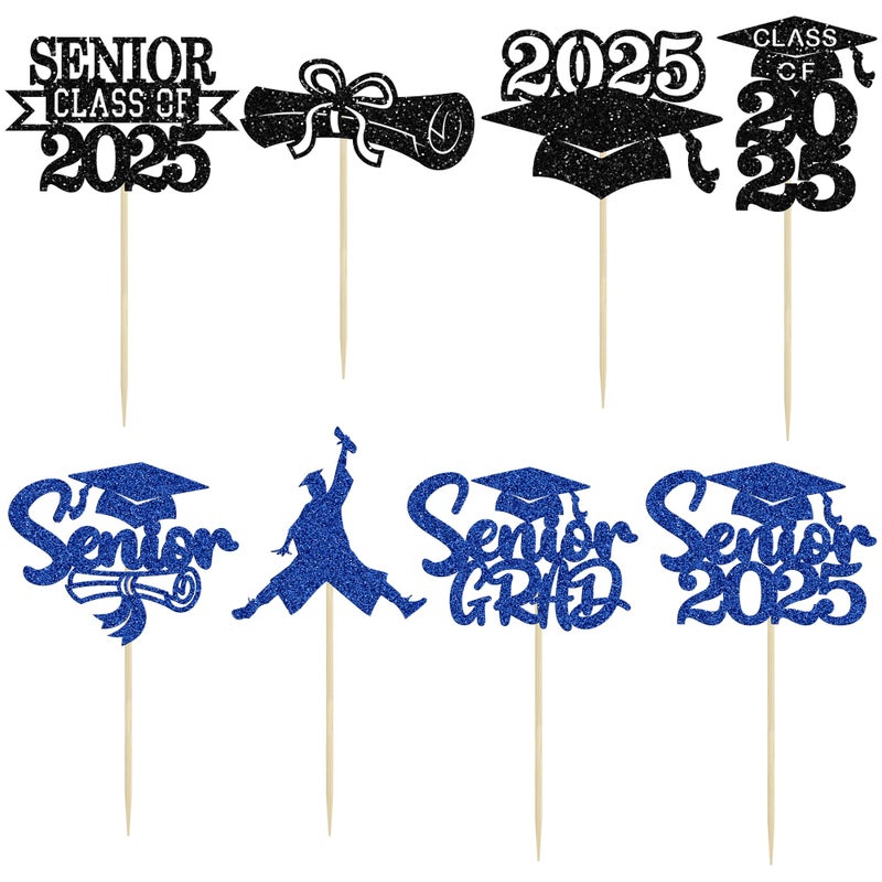 Ephlyn 24Pcs Graduation 2025 Cupcake Toppers Glitter Senior Class of 2025 Cupcake Toppers Diploma Grad Cap Cupcake Picks 2025 for Grade Graduation Party Supplies Blue - Image 3