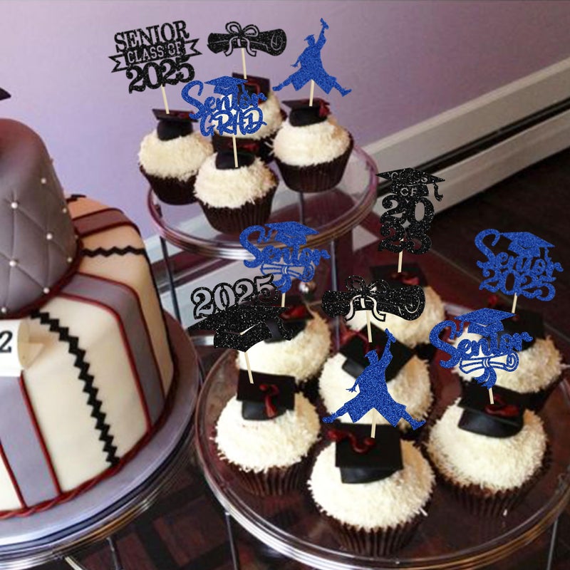 Ephlyn 24Pcs Graduation 2025 Cupcake Toppers Glitter Senior Class of 2025 Cupcake Toppers Diploma Grad Cap Cupcake Picks 2025 for Grade Graduation Party Supplies Blue - Image 5