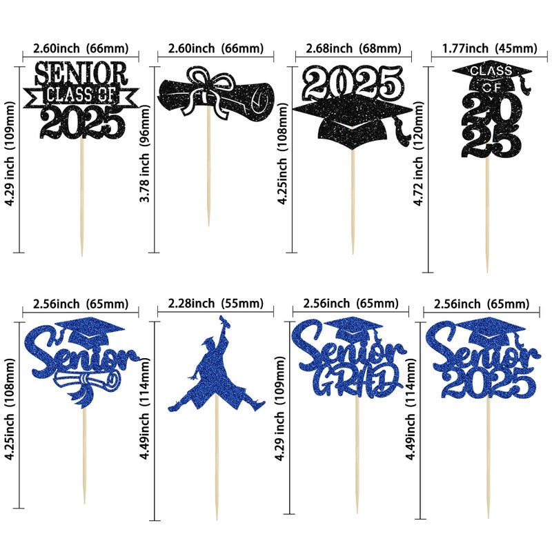 Ephlyn 24Pcs Graduation 2025 Cupcake Toppers Glitter Senior Class of 2025 Cupcake Toppers Diploma Grad Cap Cupcake Picks 2025 for Grade Graduation Party Supplies Blue - Image 2