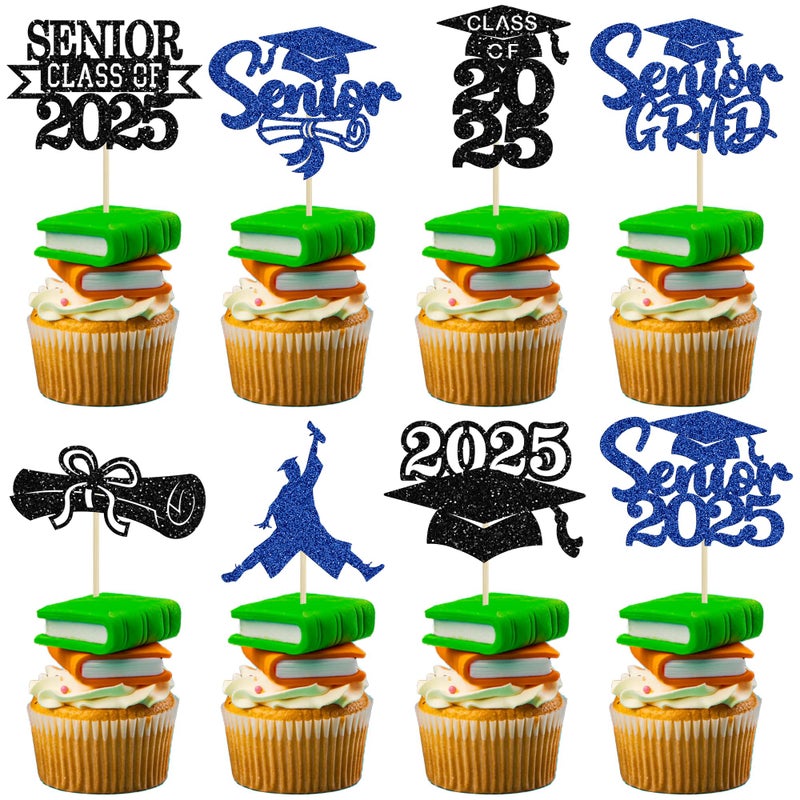 Ephlyn 24Pcs Graduation 2025 Cupcake Toppers Glitter Senior Class of 2025 Cupcake Toppers Diploma Grad Cap Cupcake Picks 2025 for Grade Graduation Party Supplies Blue - Image 1