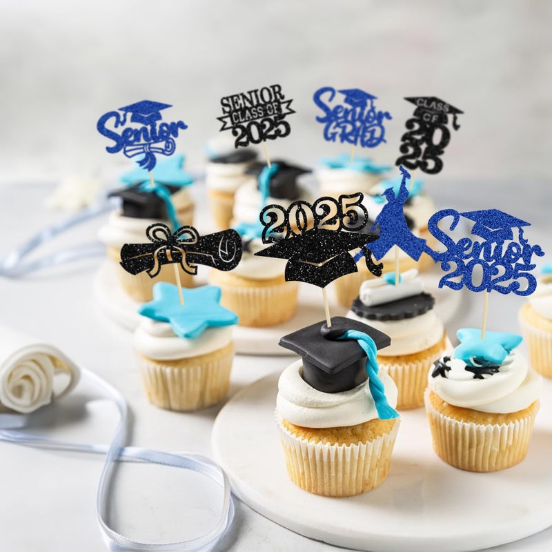 Ephlyn 24Pcs Graduation 2025 Cupcake Toppers Glitter Senior Class of 2025 Cupcake Toppers Diploma Grad Cap Cupcake Picks 2025 for Grade Graduation Party Supplies Blue - Image 4