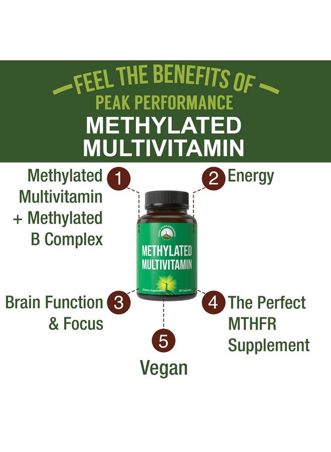 Peak Performance Methylated Multivitamin + Methylated B Complex Supplement. With Trimethylglycine (TMG), L Methylfolate, Methyl B12 + B1 + B2 + B6 Vitamins + Choline. MTHFR Supplement For Women & Men. Vegan Capsules - Image 2