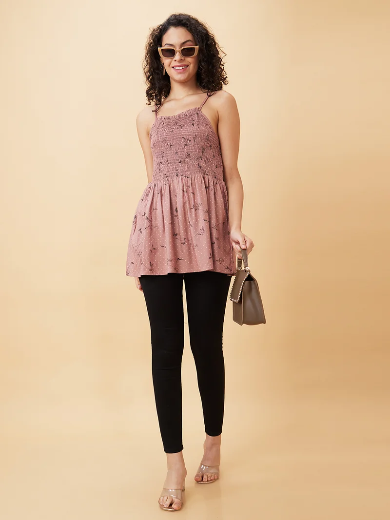 Women Floral Printed Shoulder Straps Smocked Tunic