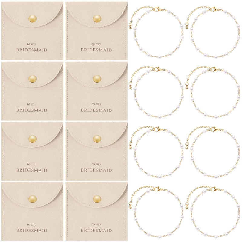 Quelay 16 Pcs Jewelry Bridesmaid Gift Pearl Bracelet Microfiber Jewelry Bag Pouch Set of 8 for Wedding Bridal Party FavorCreamcolored GoldButton - Image 2