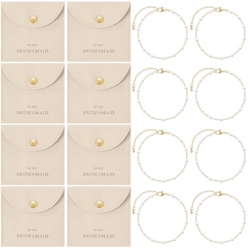 Quelay 16 Pcs Jewelry Bridesmaid Gift Pearl Bracelet Microfiber Jewelry Bag Pouch Set of 8 for Wedding Bridal Party FavorCreamcolored GoldButton - Image 1