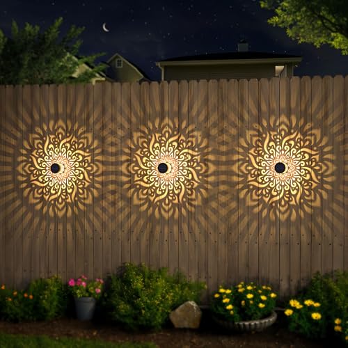 gardencave 4 Pack Large Solar Fence Lights Metal Solar Powered Outdoor Wall Deck Step Lights Mandala Theme Waterproof Fence Light for Garden Post Patio Backyard Yard Decor, Gardening Gifts for Women Mom Grandma - Image 3