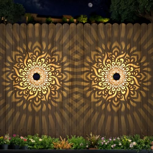 gardencave 4 Pack Large Solar Fence Lights Metal Solar Powered Outdoor Wall Deck Step Lights Mandala Theme Waterproof Fence Light for Garden Post Patio Backyard Yard Decor, Gardening Gifts for Women Mom Grandma - Image 1