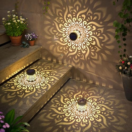 gardencave 4 Pack Large Solar Fence Lights Metal Solar Powered Outdoor Wall Deck Step Lights Mandala Theme Waterproof Fence Light for Garden Post Patio Backyard Yard Decor, Gardening Gifts for Women Mom Grandma - Image 5