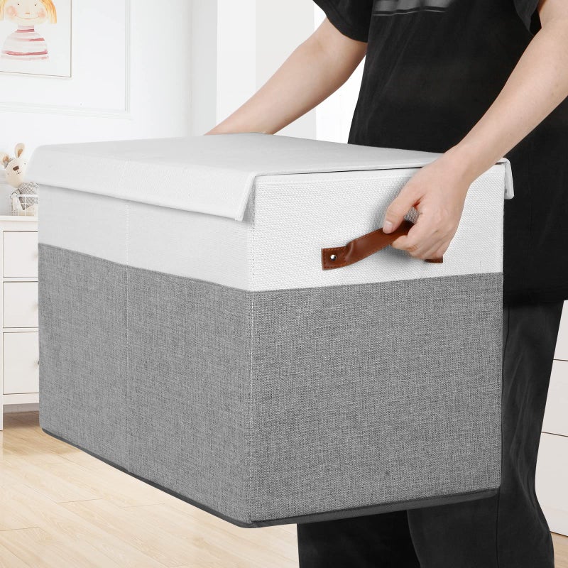 Gowee Large Toy Storage Box with Lid, Sturdy Toys Storage Chest Bin Organizer Basket with Dividers for Kids, Boys, Girls, Nursery, Closet, Bedroom, Playroom 25"x13" x16" (Grey and White) - Image 3