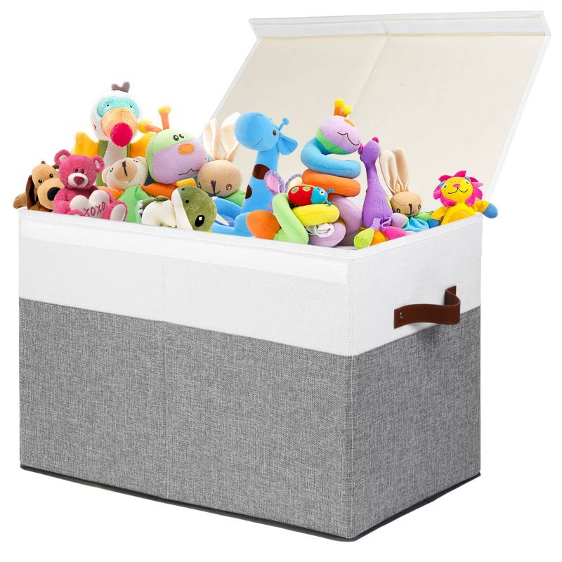 Gowee Large Toy Storage Box with Lid, Sturdy Toys Storage Chest Bin Organizer Basket with Dividers for Kids, Boys, Girls, Nursery, Closet, Bedroom, Playroom 25"x13" x16" (Grey and White) - Image 1