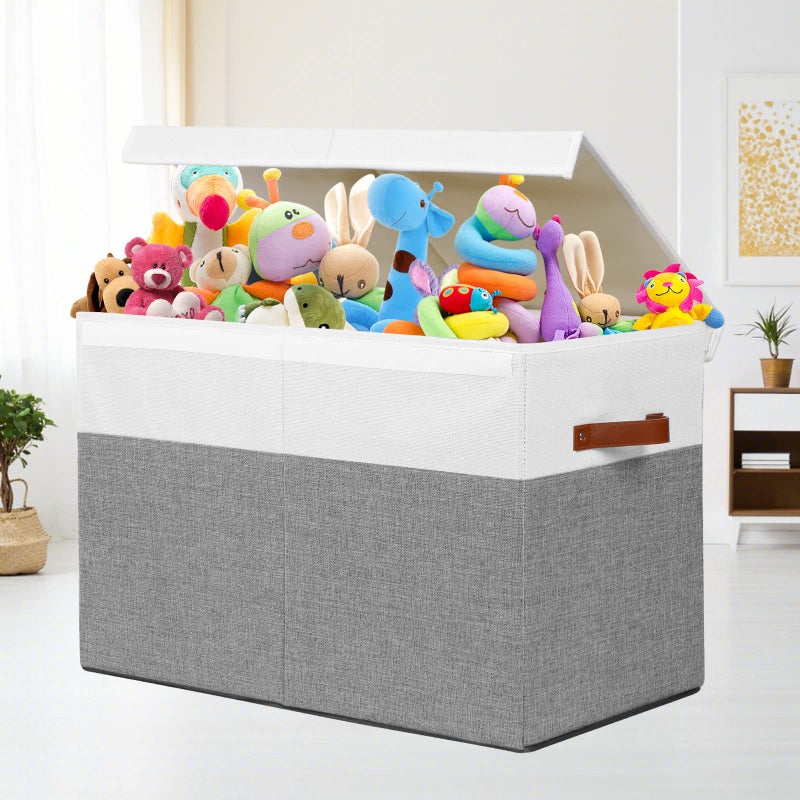 Gowee Large Toy Storage Box with Lid, Sturdy Toys Storage Chest Bin Organizer Basket with Dividers for Kids, Boys, Girls, Nursery, Closet, Bedroom, Playroom 25"x13" x16" (Grey and White) - Image 2