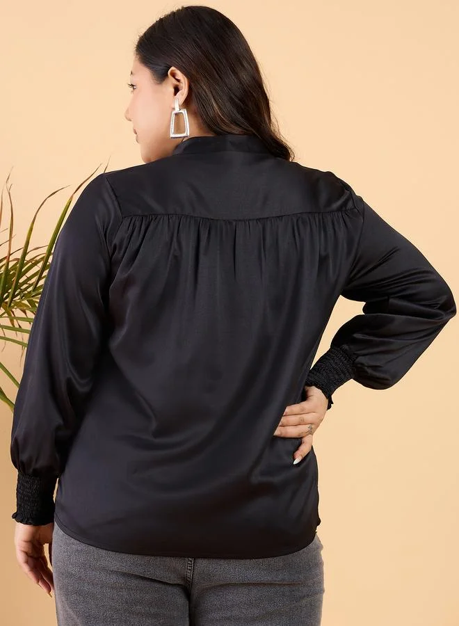 STREET 9 Plus Size Tie Up Neck Satin Buttoned Shirt