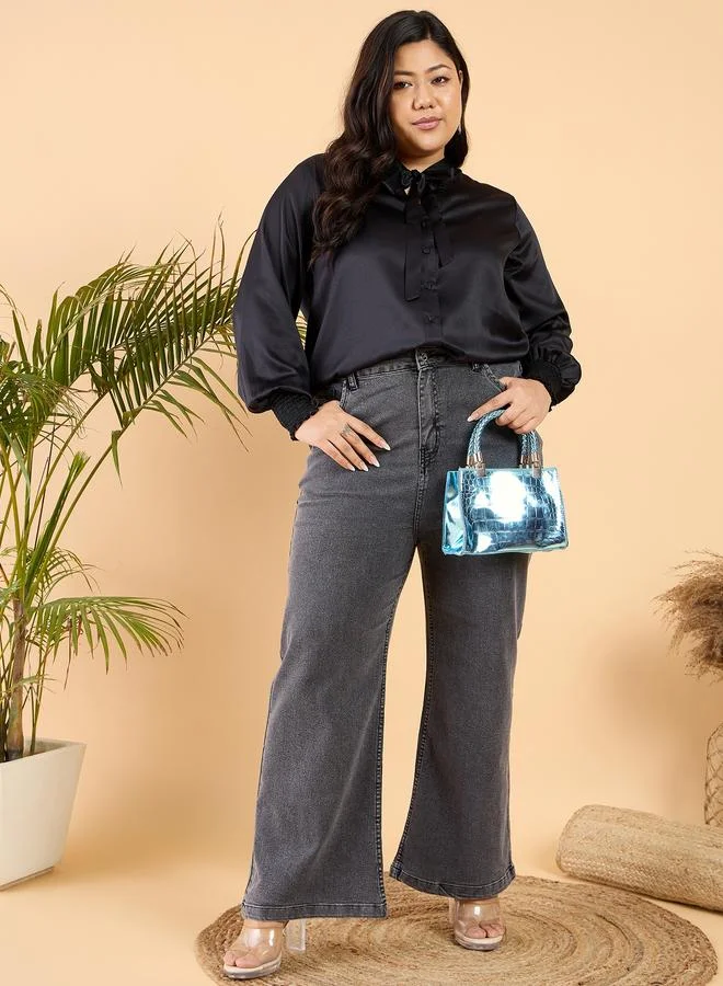 STREET 9 Plus Size Tie Up Neck Satin Buttoned Shirt