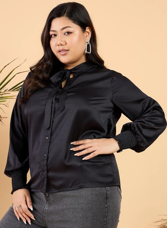 STREET 9 Plus Size Tie Up Neck Satin Buttoned Shirt