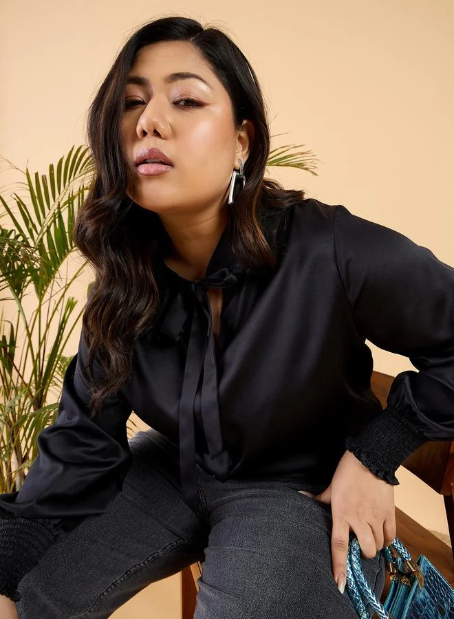 STREET 9 Plus Size Tie Up Neck Satin Buttoned Shirt