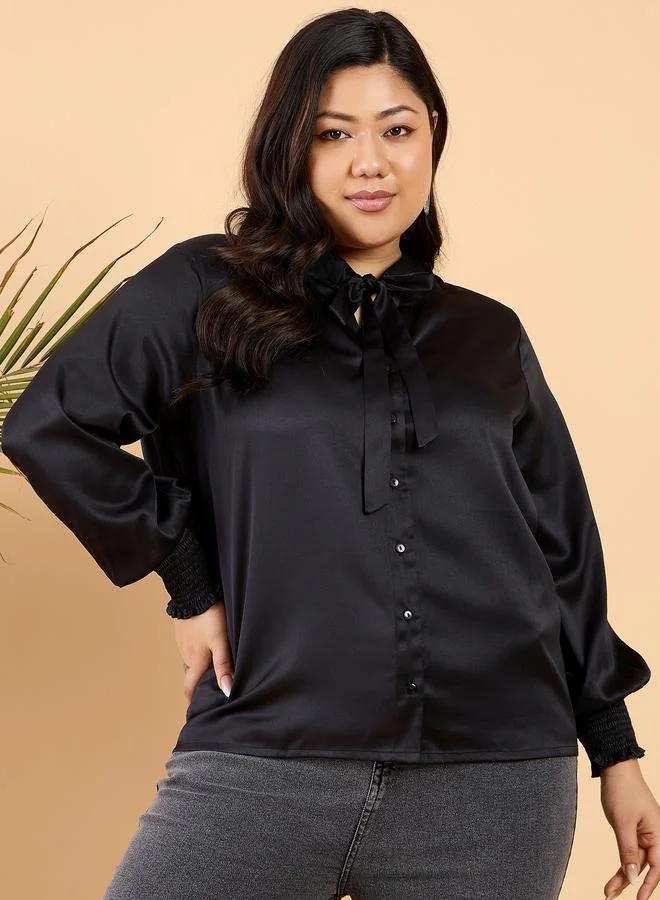 STREET 9 Plus Size Tie Up Neck Satin Buttoned Shirt