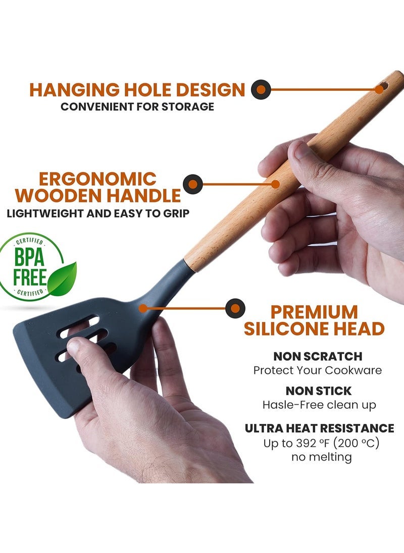 ELTRAZONE Silicone Kitchen Utensils Set – 12-Piece Heat-Resistant Cooking Tools with Holder, Nonstick Tongs, Spatulas & More – Dishwasher Safe, Easy to Clean – Grey - Image 2