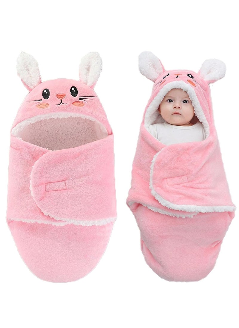 Mmmon Baby Hooded  Swaddle Blanket Newborn Fannel Cartoon Receiving Blanket Soft Plush Sleeping Bag Sack Stroller Wrap for Infants Girl Boy 0-6Months (Pink Rabbit,0-6Months)  - Image 1