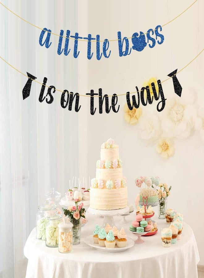 WeBenison A Little Boss is on The Way Banner, Gender Reveal Party Supplies It's a Boy Pregnancy Announcement Party Decorations - Black Blue Glitter - Image 4
