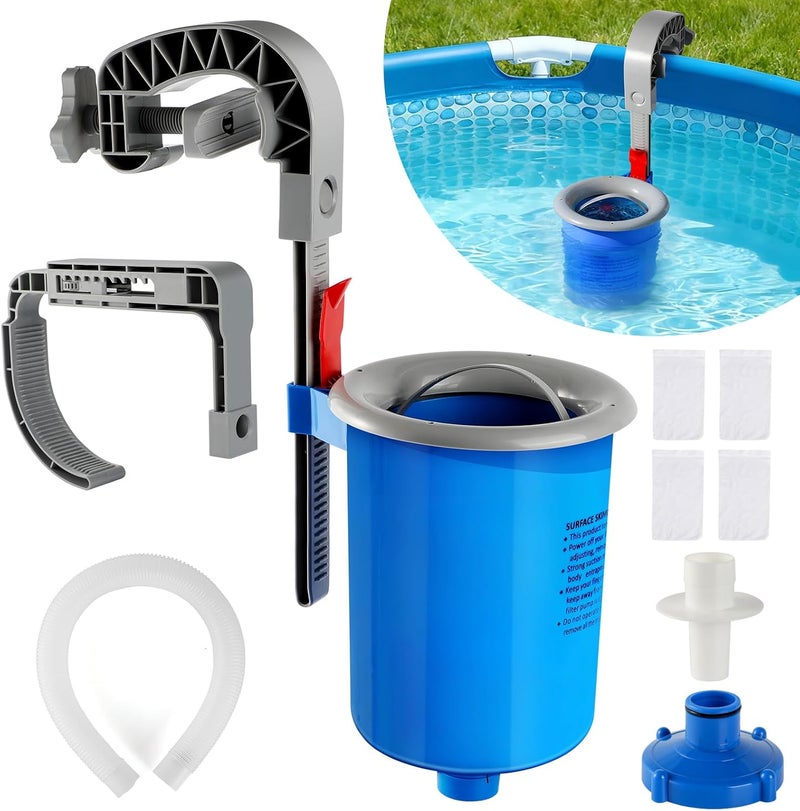 Shineforu Above Ground Pool Skimmer with 4 Skimmer Socks, Floating Surface Skimmer, Wall Mount Pool Surface Skimmer with Hose and Basket, Attaches to Inflatable Collars, Tubular and Metal Frames (Blue) - Image 1