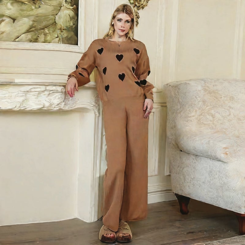 Long Sleeve Solid Heart Embroidery Loose Knit Wide Leg Pants Two Piece Set - Image 3