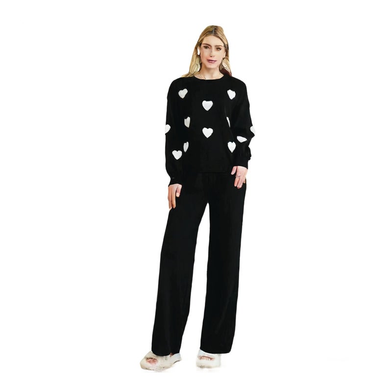 Long Sleeve Solid Heart Embroidery Loose Knit Wide Leg Pants Two Piece Set - Image 1