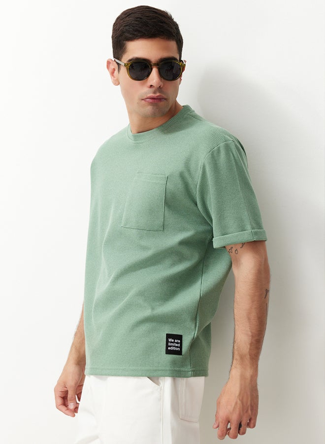 trendyol Basic Mint Relaxed/Relaxed Cut Textured Waffle Pocket Labeled Short Sleeve T-Shirt - Image 4