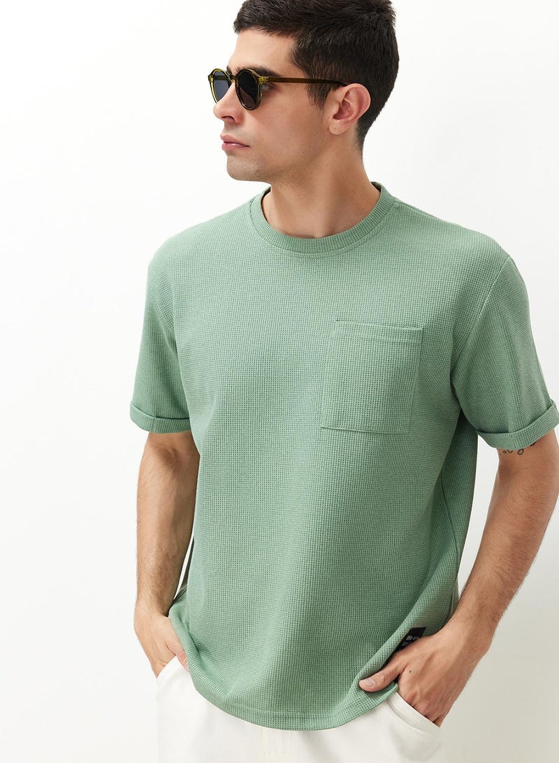 trendyol Basic Mint Relaxed/Relaxed Cut Textured Waffle Pocket Labeled Short Sleeve T-Shirt - Image 3