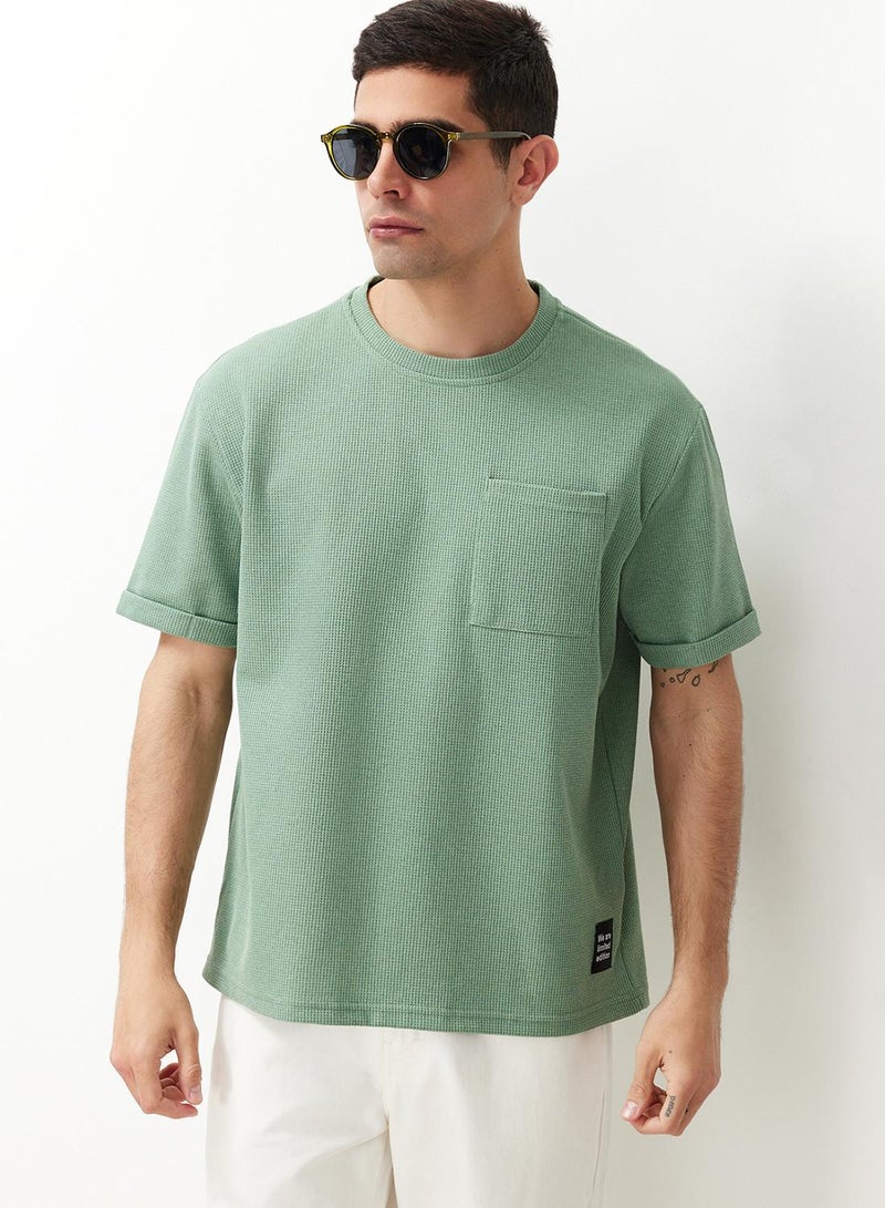 trendyol Basic Mint Relaxed/Relaxed Cut Textured Waffle Pocket Labeled Short Sleeve T-Shirt - Image 1
