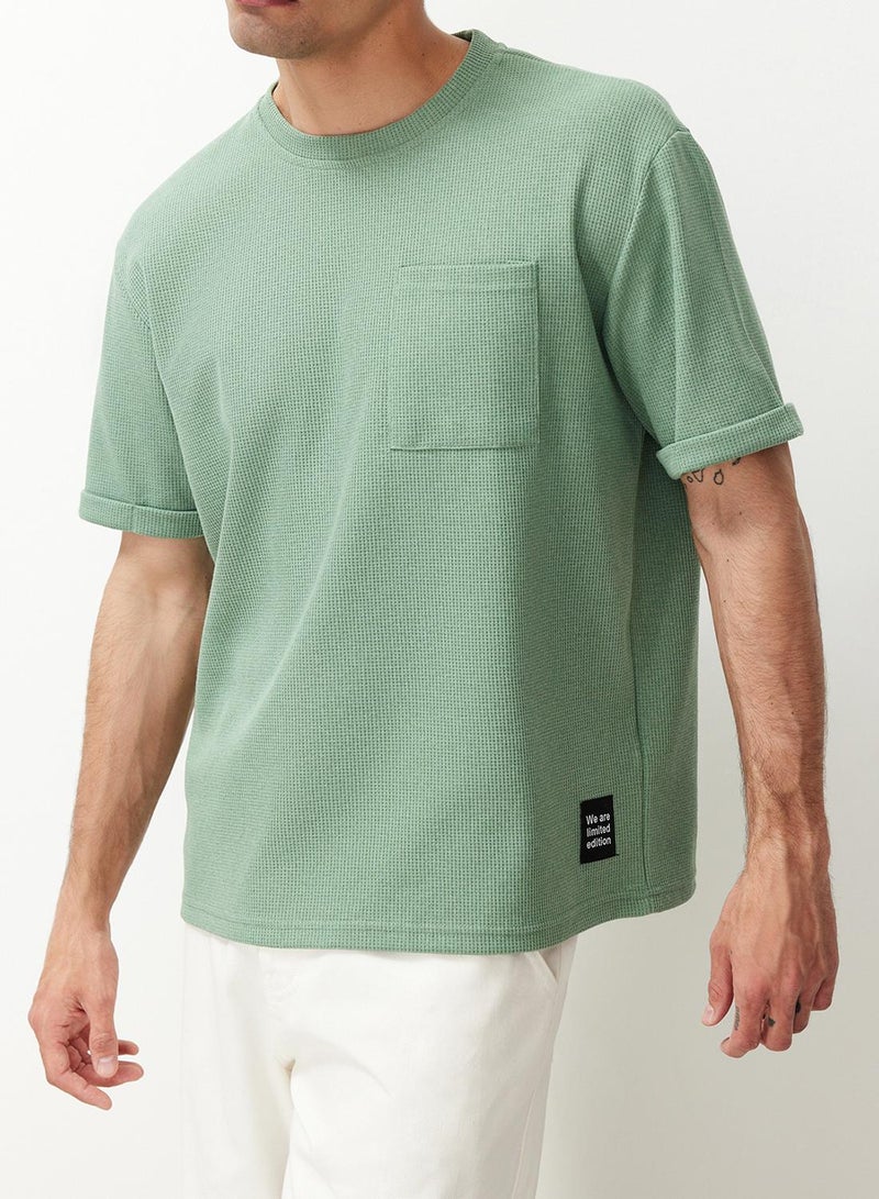 trendyol Basic Mint Relaxed/Relaxed Cut Textured Waffle Pocket Labeled Short Sleeve T-Shirt - Image 5