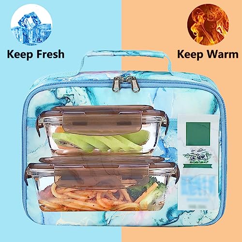 LEDAOU Lunch Bag Kids Insulated Lunch Box Girls Toddler Reusable Lunch Bag for School Picnic Hiking (Marble Blue) - Image 3