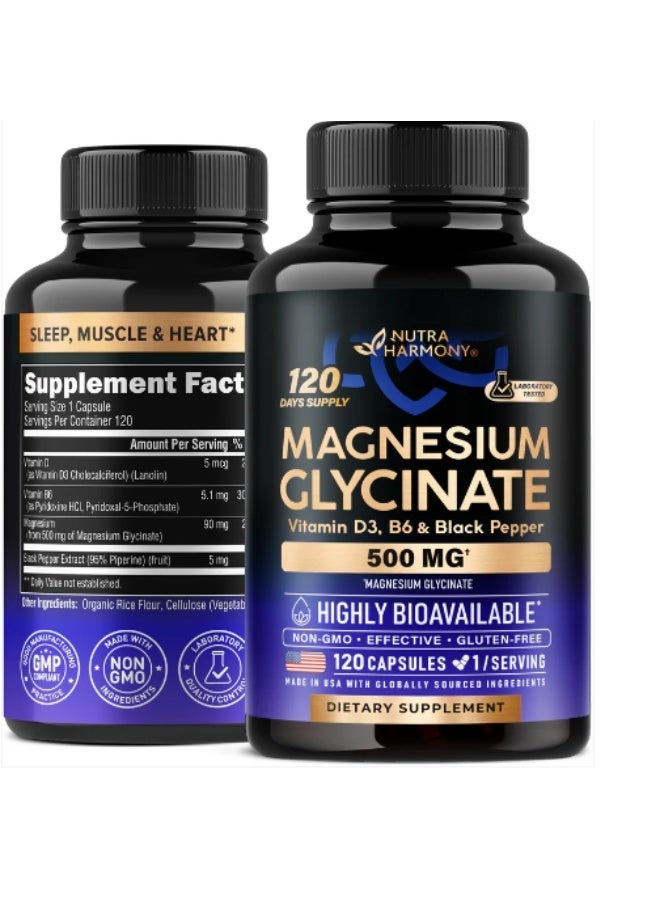 NUTRAHARMONY Magnesium Glycinate 500 mg - Supplement w/Vitamin D3 & B6 - Chelated, 98% Absorption - Support for Proper Sleep, Muscle & Heart Health - Made in USA - Vegan & Non-GMO - 120 Capsules, 4 Month Supply - Image 1