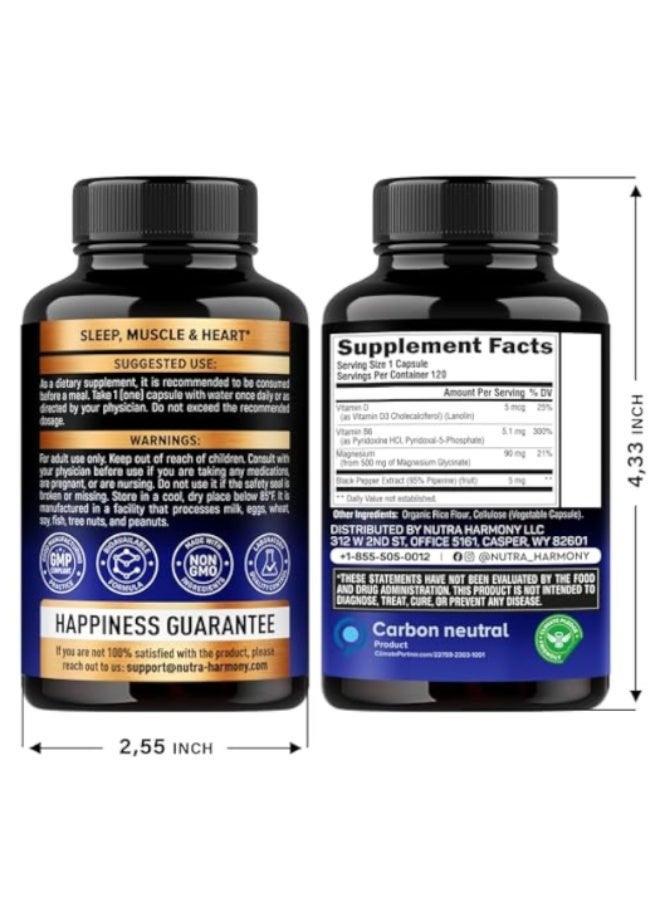 NUTRAHARMONY Magnesium Glycinate 500 mg - Supplement w/Vitamin D3 & B6 - Chelated, 98% Absorption - Support for Proper Sleep, Muscle & Heart Health - Made in USA - Vegan & Non-GMO - 120 Capsules, 4 Month Supply - Image 2