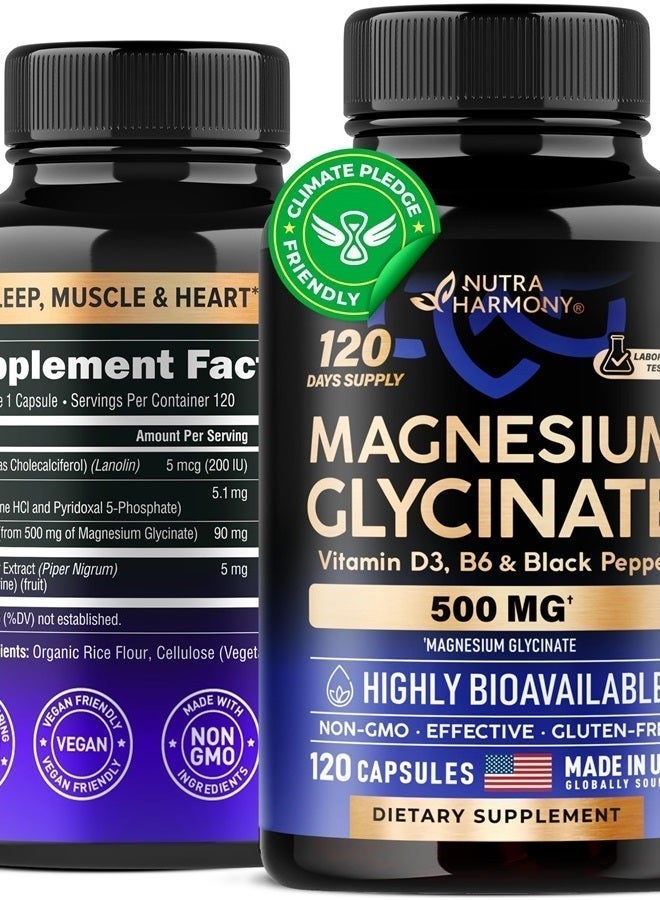 NUTRAHARMONY Magnesium Glycinate 500 mg - Supplement w/Vitamin D3 & B6 - Chelated, 98% Absorption - Support for Proper Sleep, Muscle & Heart Health - Made in USA - Vegan & Non-GMO - 120 Capsules, 4 Month Supply - Image 3