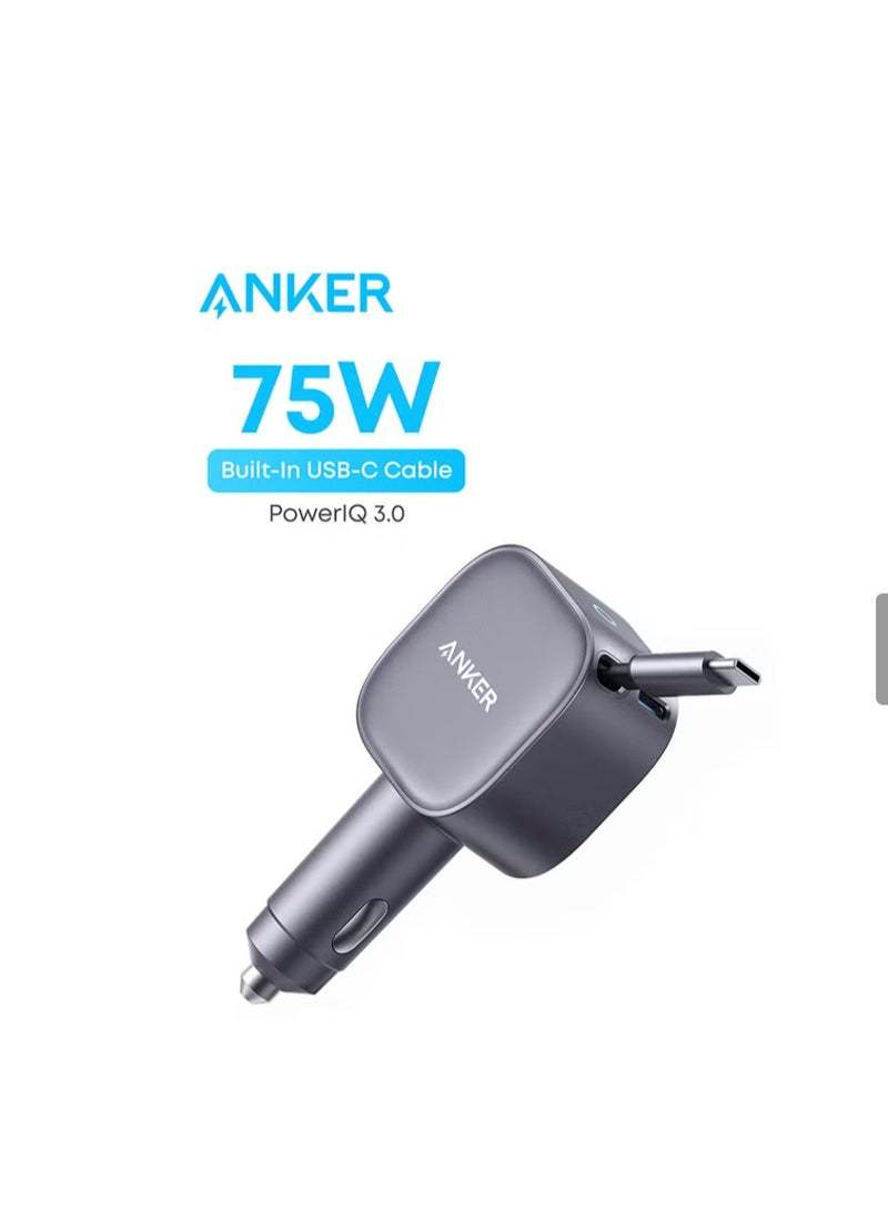 شاحن سيارة USB-C، بقدرة قصوى 75 واط، شاحن سيارة فائق الصغر وسريع من النوع C مع كابل قابل للسحب مدمج، محول سيارة لأجهزة iPhone 17/16، وSamsung S24/S23، وMacBook Pro/Air، وiPad، وغيرها. - Image 1