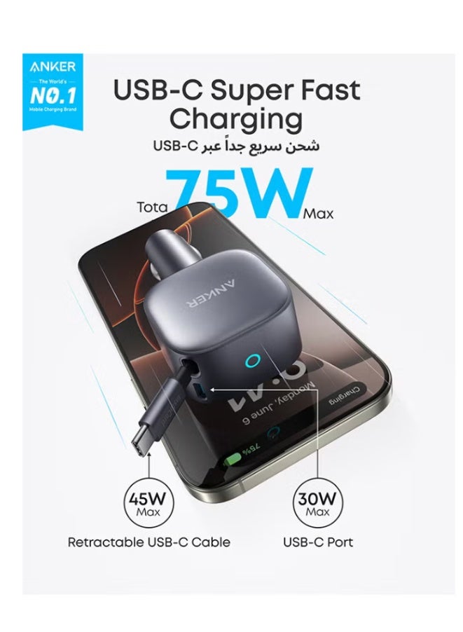 شاحن سيارة USB-C، بقدرة قصوى 75 واط، شاحن سيارة فائق الصغر وسريع من النوع C مع كابل قابل للسحب مدمج، محول سيارة لأجهزة iPhone 17/16، وSamsung S24/S23، وMacBook Pro/Air، وiPad، وغيرها. - Image 3