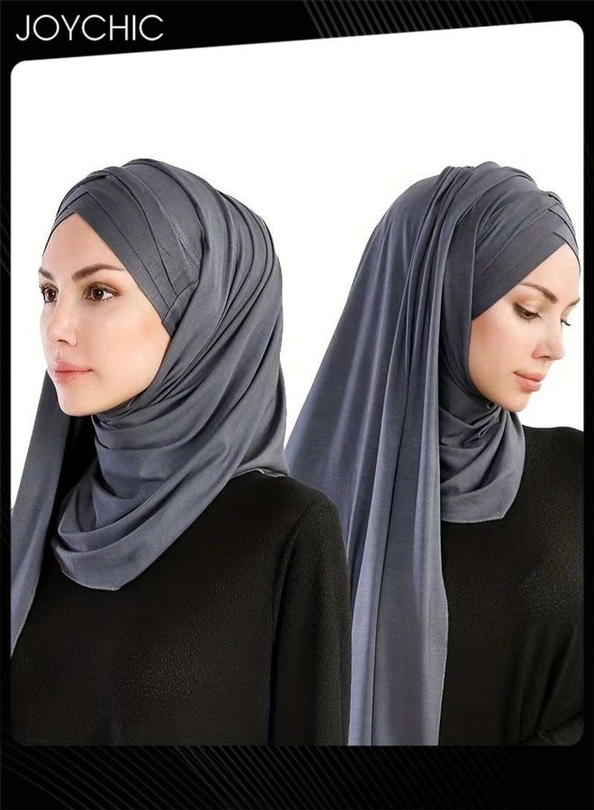 Joychic وشاح شال حجاب متوسط الطول من القطن المرسيري بلون سادة مكون من ثلاث طبقات بتصميم جديد وربطة رأس باللون الرمادي الداكن للنساء - Image 1