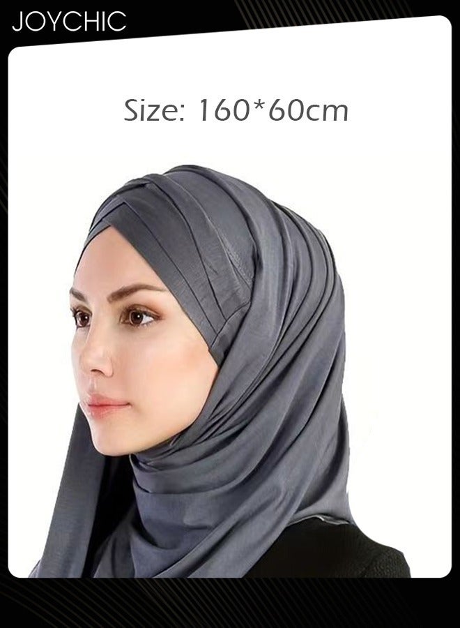 Joychic وشاح شال حجاب متوسط الطول من القطن المرسيري بلون سادة مكون من ثلاث طبقات بتصميم جديد وربطة رأس باللون الرمادي الداكن للنساء - Image 3