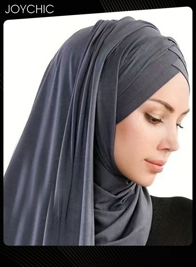 Joychic وشاح شال حجاب متوسط الطول من القطن المرسيري بلون سادة مكون من ثلاث طبقات بتصميم جديد وربطة رأس باللون الرمادي الداكن للنساء - Image 2