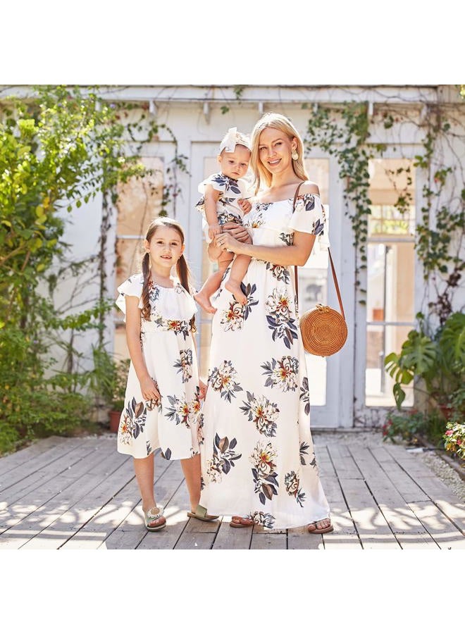 PopReal Mommy and Me Dresses Floral Printed Chiffon Bowknot Ruffles Short Sleeve Beach Mom Daughter Matching Outfits, White Maxi, 6-7 Years - Image 2