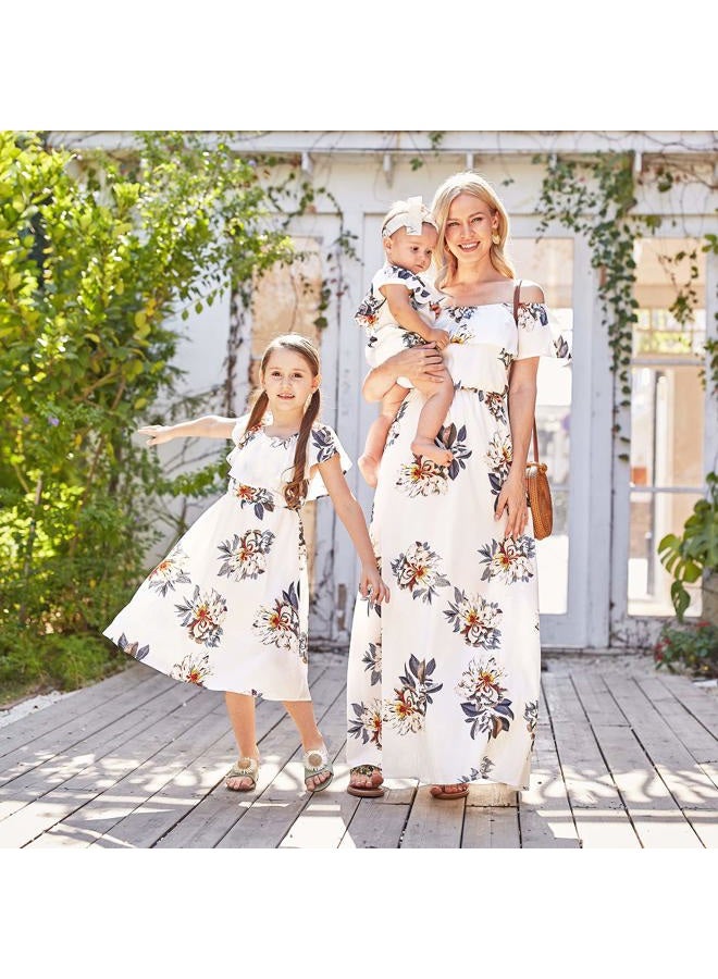 PopReal Mommy and Me Dresses Floral Printed Chiffon Bowknot Ruffles Short Sleeve Beach Mom Daughter Matching Outfits, White Maxi, 6-7 Years - Image 3