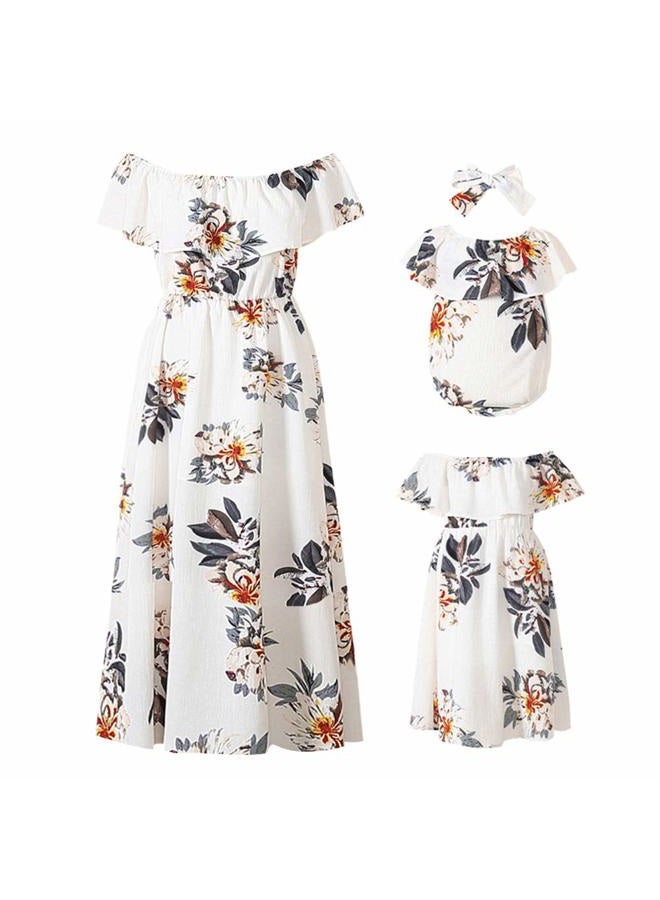 PopReal Mommy and Me Dresses Floral Printed Chiffon Bowknot Ruffles Short Sleeve Beach Mom Daughter Matching Outfits, White Maxi, 6-7 Years - Image 1