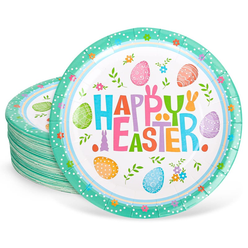 Whaline 40Pcs Happy Easter Egg Paper Plates Easter Floral Round Disposable Plates 9 Inch Colorful Easter Flower Decorative Tableware for Easter Holiday Spring Birthday Party Supplies Table Decoration