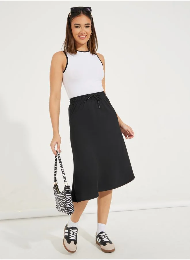 Styli Basic Knit Midi Skirt with Drawstring