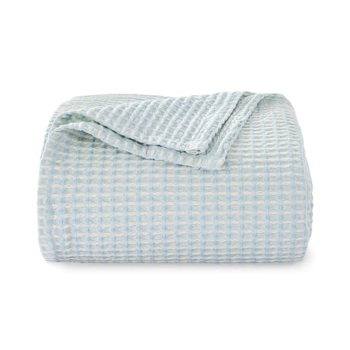 EGOHOME 100% Cotton Waffle Blanket Twin Size for Bed-Breathable and Lightweight,Soft Dual-Tone Textured Jacquard Waffle Weave Blankets for All-Seasons,Angel Falls Blue,60 x 80 Inches - Image 1