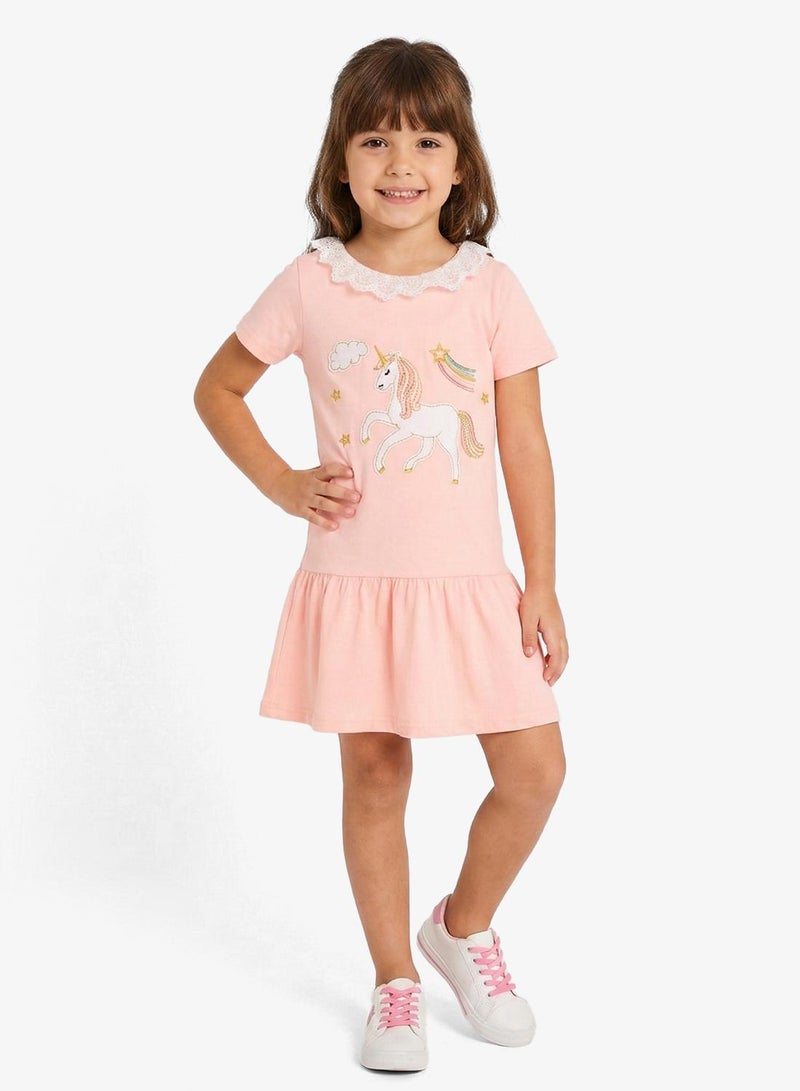 Pinata Unicorn Print Lace Collar Dress - Image 1