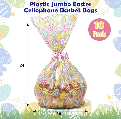 Gift Boutique Large Easter Cellophane Basket Bags 10 Pack Clear Treat Wrap Bags 24 x 30 Inch with Colorful Egg Print and Twist Ties Jumbo Plastic Gift Wrap for Candy Party Favors Holiday Baskets - Image 3